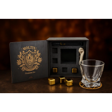 Подарочный набор для виски Moltis Premium Set Quadro - бокал, щипцы, мешочек, подставка и 5 охлаждающих кубиков (MR-1023)