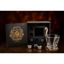 Подарочный набор для виски Moltis Premium Set Quadro - бокал, щипцы, мешочек, подставка и 5 охлаждающих кубиков (MR-1024)